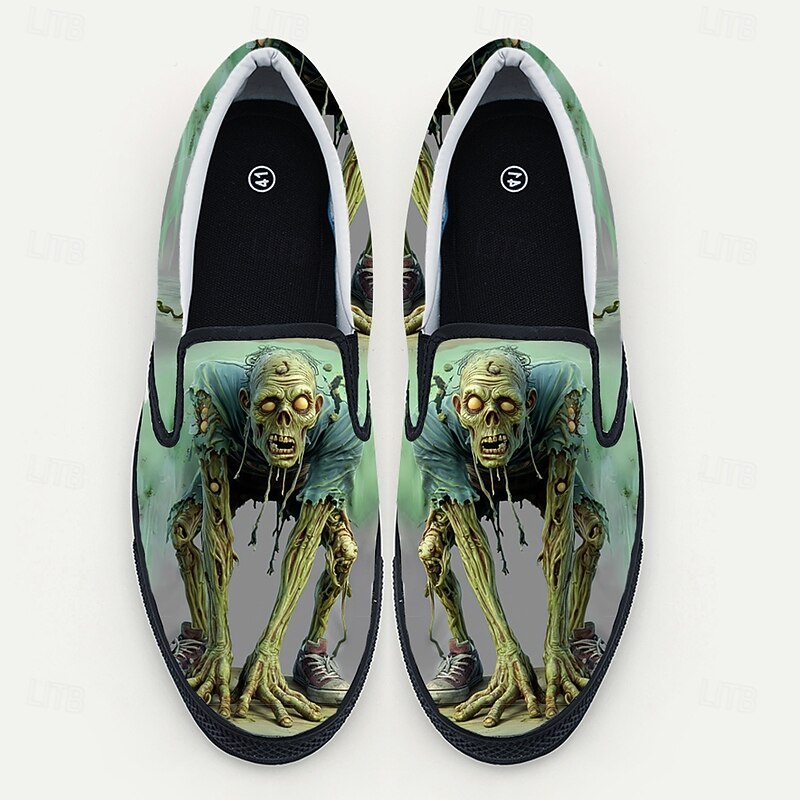 Men's Zombie Print Slip-On Sneakers Horror Graphic Casual Shoes for Halloween Parties, Cosplay Events and Streetwear Style