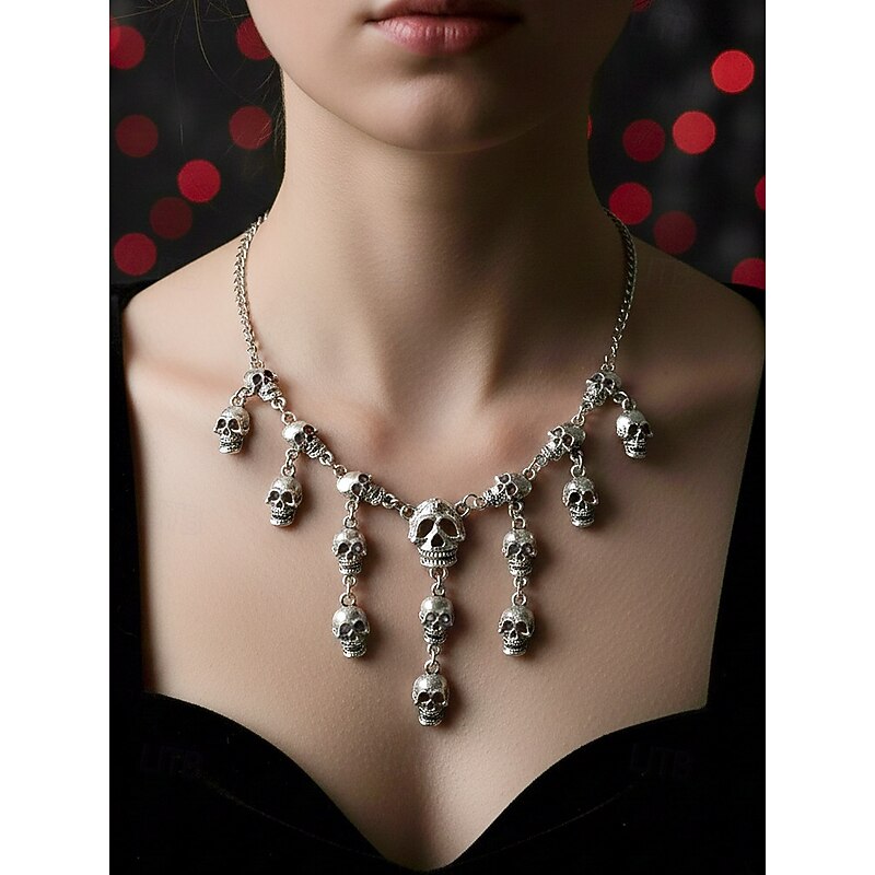 Women's Halloween Skull Necklace and Earring Set – Gothic Punk Jewelry with Multiple Skulls in Gold and Silver Colors for Party, Cosplay and Costume Outfits3
