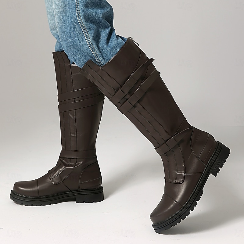 Men's Brown Strapped Knee-High Boots – Rugged Style with Bold Straps, Perfect for Casual Outings and Fashionable Street Wear3