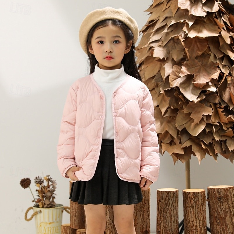 Kids Girls' Down Jacket Puffer Jacket Solid Color Cute Pocket Buttons School Coat Outerwear 4-12 Years Winter Black Light Green Pink2