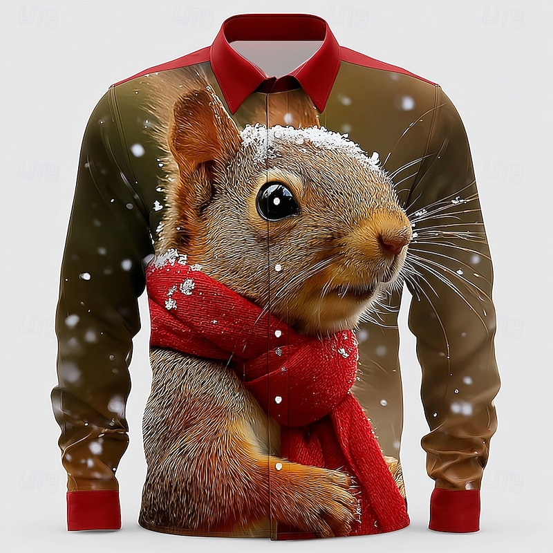 Christmas Men's Squirrel Christmas Animal Shirt Button Up Shirt Long Sleeve Funny Outdoor Holiday Spring Fall Turndown 3D Print Collared Shirts Red 1 Red Red 23