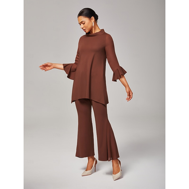 Women's Coffee Brown ButterFlex Modal Bell-Bottom Pants with WhisperFlow Chiffon Sheer Panels Flared Leg Stretch Waist Elegant Comfortable Daily Work Fall4