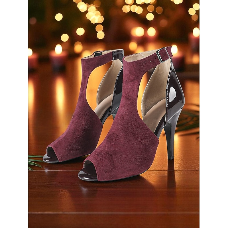 Women's Burgundy Suede and Patent Leather Peep Toe Dance Shoes with Ankle Strap - Professional Latin & Ballroom High Heel Footwear3