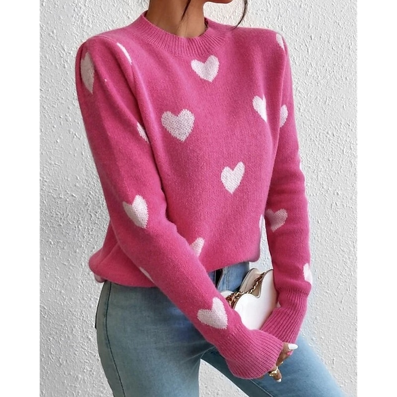 Women's Sweater Pullover Fashion Casual Heart Ribbed Crew Neck Knitted Long Sleeve Regular Tops Knit Outdoor Daily Weekend Pink Fall Winter4