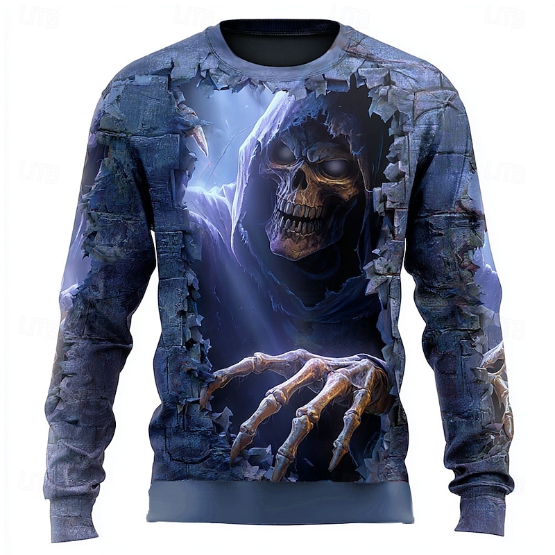 Halloween Men's 3D Devil Reaper Sweatshirt Punk Party Crew Neck Vacation Blue Purple Crewneck 3D All Seasons Designer