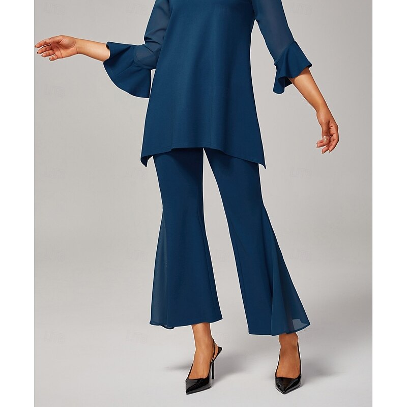 Women's Dark Blue ButterFlex Modal Bell-Bottom Pants with WhisperFlow Chiffon Sheer Panels Flared Leg Stretch Waist Elegant Comfortable Daily Work Fall4