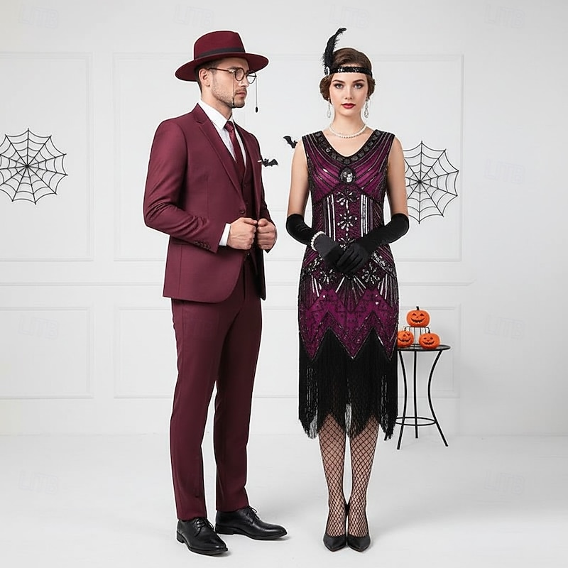 Retro Vintage Roaring 20s 1920s Midi Flapper Dress Fancy Costume Halloween Group Couples Costumes The Great Gatsby Sequins Tassel Fringe Fancy Dress Men's Women's Halloween Carnival Party / Evening