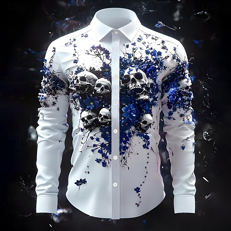 Men's Skull Floral / Flower Day of the Dead Shirt Button Up Shirt Long Sleeve Dark Punk Gothic Style Outdoor Holiday Summer Spring Turndown 3D Print Collared Shirts Red Blue Purple Green4