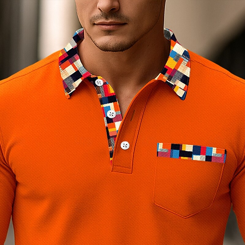 Men's Golf Shirt Pique Polo Shirt Vacation Work Turndown Long Sleeve Fashion Basic Solid Color Plaid Check Pattern Buttons Summer Spring Spring &  Fall Slim Fit Blue Red Orange Dark Grey Golf Shirt3