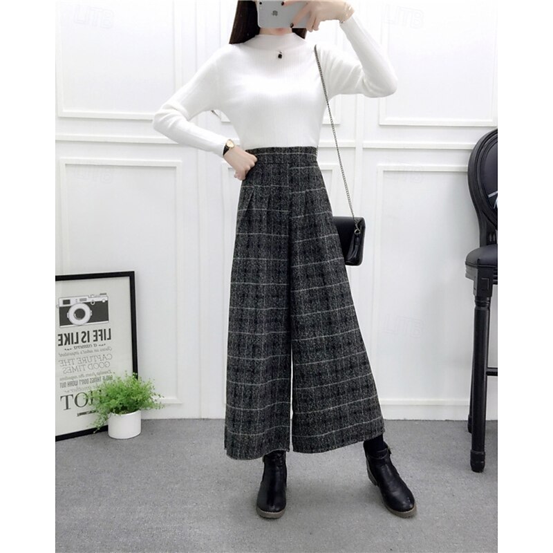 Women's Chinos Straight Streetwear Casual Ankle-Length Medium Waist Plain Plaid Checkered Elastic Waist Comfortable Micro-elastic Outdoor Vacation Street Black Grey Light Gray Dark-Gray Black Fall2