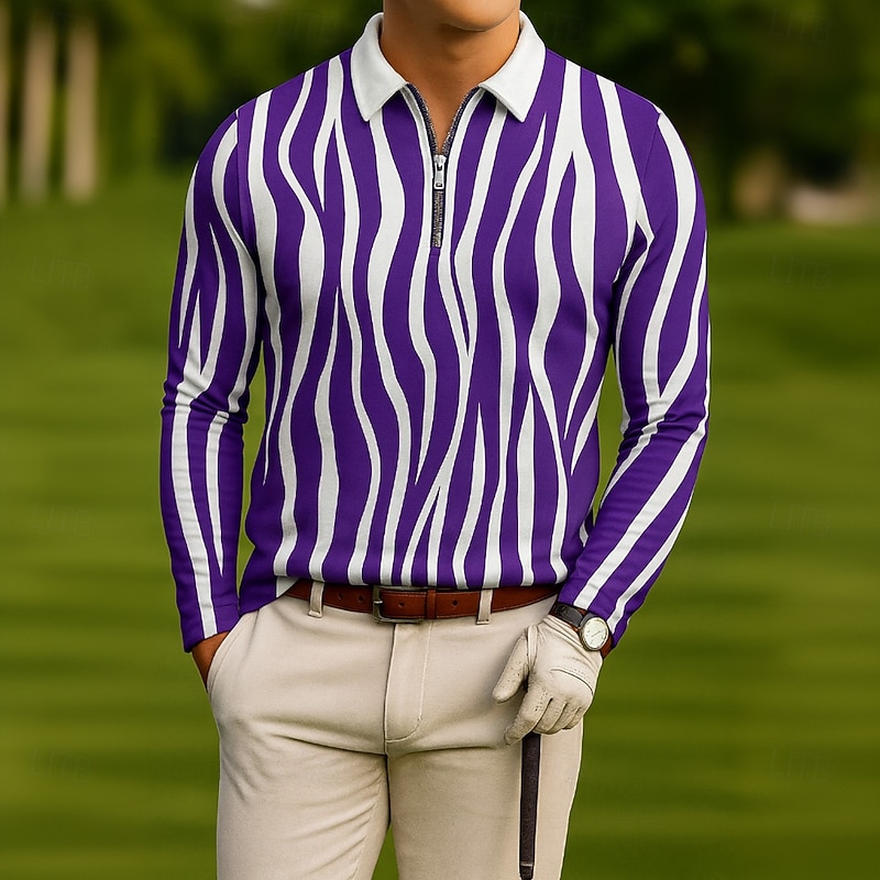 Men's Geometric Golf Polo Long Sleeve Turndown Modern Leisure Sports & Outdoor Athleisure Casual Daily Zipper 3D Print Spring Fall Blue Purple Green2