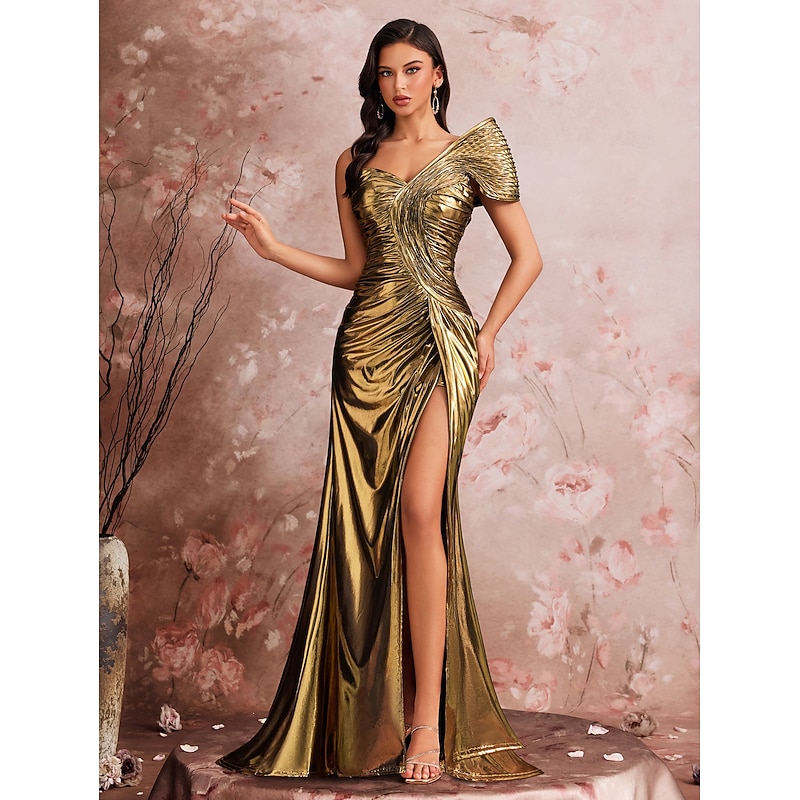 Gold Mermaid / Trumpet Evening Gown Elegant Formal Dress Formal Wedding Floor Length Short Sleeve One Shoulder Stretch Satin with Ruched Sequin Slit 20253