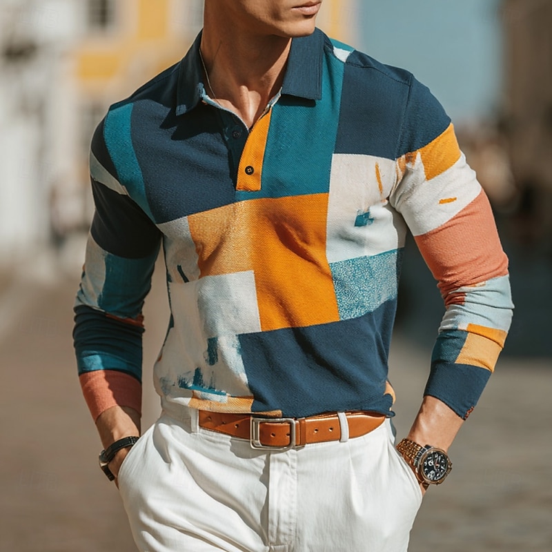 Men's Color Block Polo Long Sleeve Polo Shirts Lapel Business Casual Outdoor Street Athleisure Daily Wear 3D Print Buttons Spring Fall Winter Yellow Blue Purple