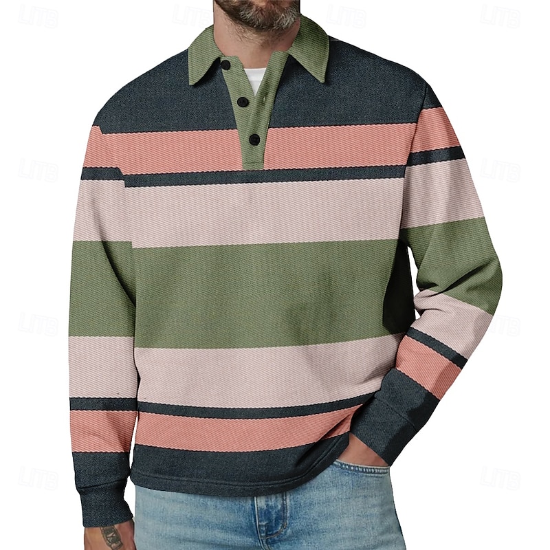 Men's Horizontal Stripes Rugby Polo Long Sleeve Polo Shirts Collared Shirts Sportswear Casual School Outdoor Athleisure 3D Print Spring Fall Winter Yellow Red Gray2