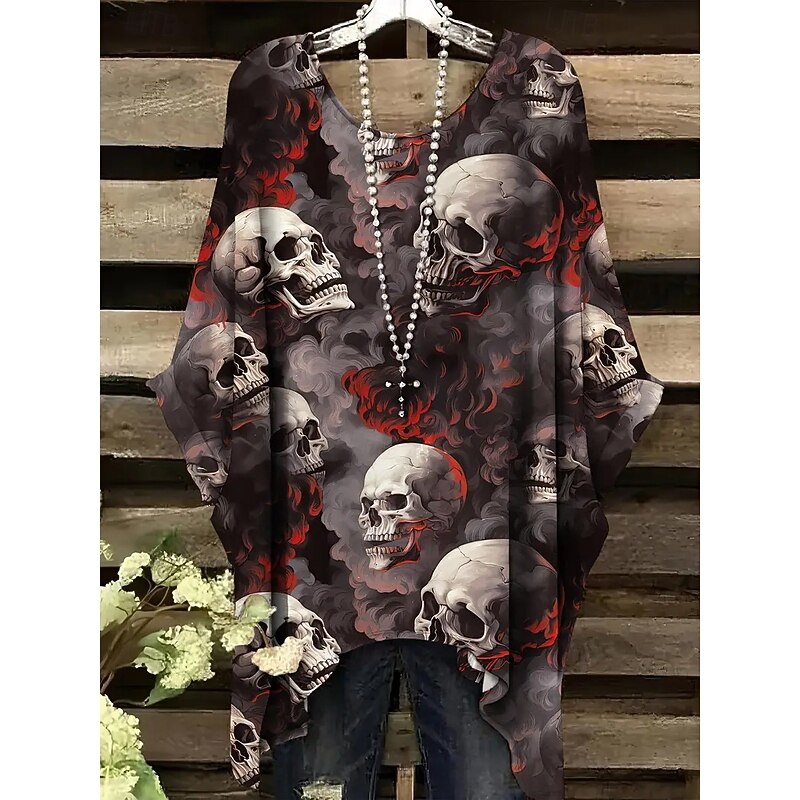 Halloween Women's Blouse Graphic Skull Vintage Daily Casual Half Sleeve Batwing Sleeve Crew Neck Long Tops Daily Holiday Black White Pink Red Purple Spring Fall4