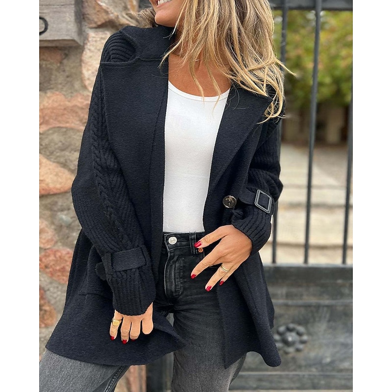 Women's Sweater Cardigan Streetwear Casual Solid Color Shirt Collar Pocket Buttons Flared sleeves Long Sleeve Long Tops Knit Daily Holiday Going out Black White Fall Winter4