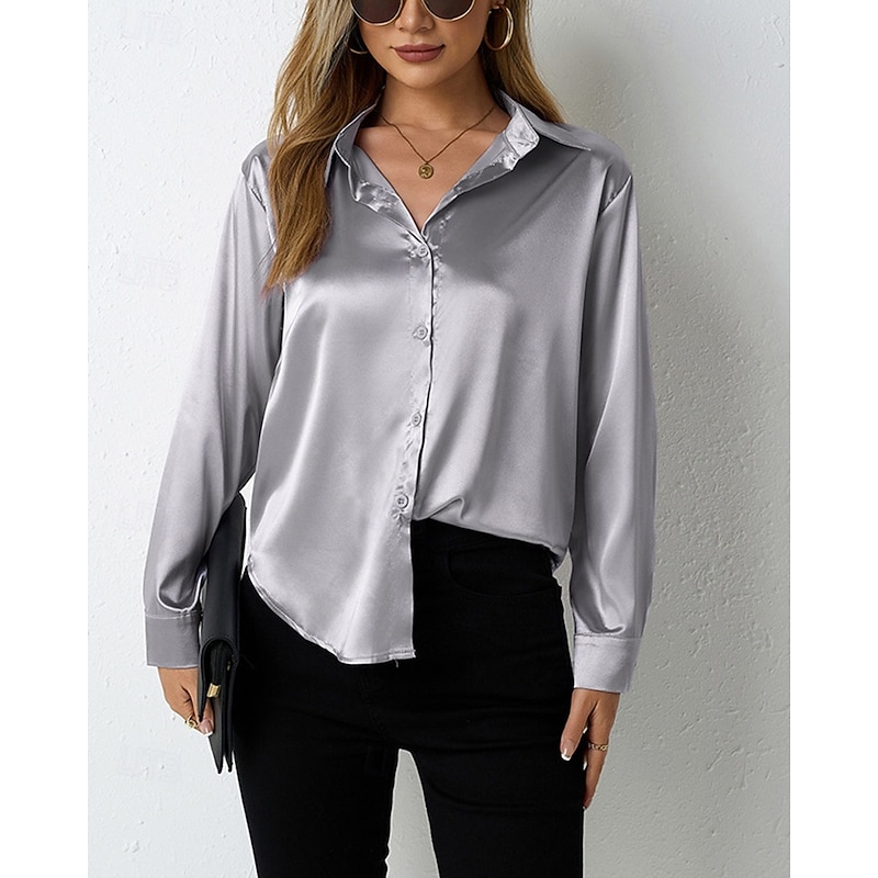 Women's Shirt Elegant Dressy Satin Solid Color Vintage Tropical Stylish Long Sleeve V Neck Shirt Collar Regular Tops Daily Going out Buttons Black Camel Brown Dark Gray Gray Spring Fall4