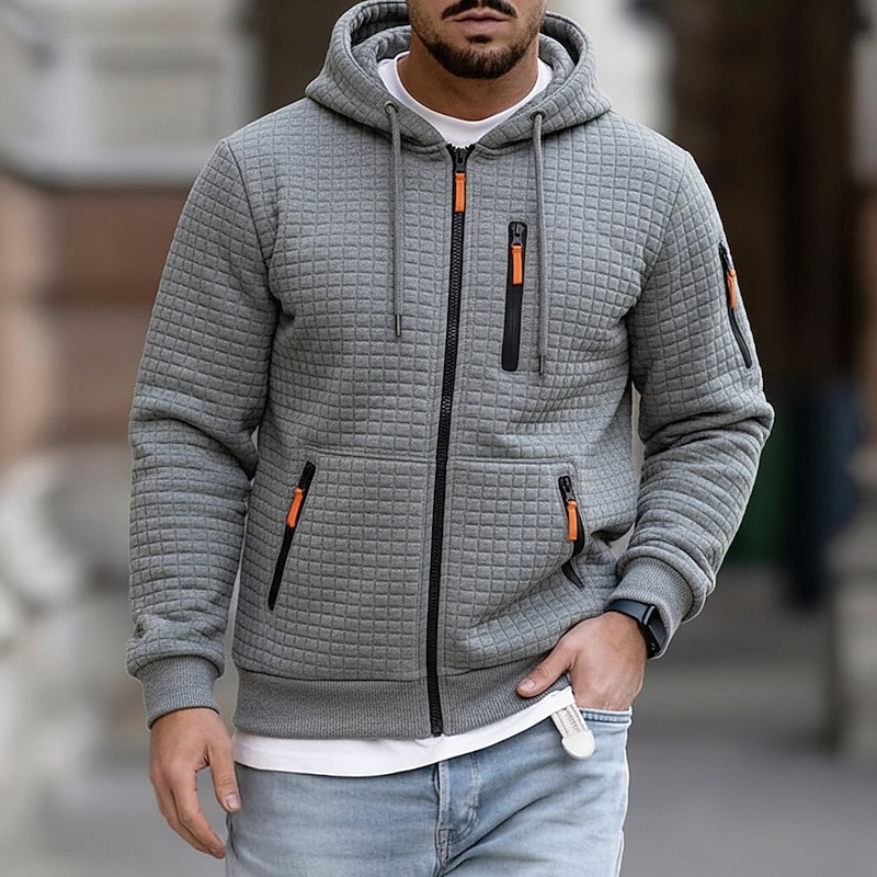 Men's Hoodie Full Zip Hoodie Waffle Hoodies Tactical Hoodie Light Grey Hooded Plain Zipper Sports & Outdoor Casual Daily Streetwear Cool Sportswear Spring &  Fall All Seasons Clothing Apparel Hoodies2