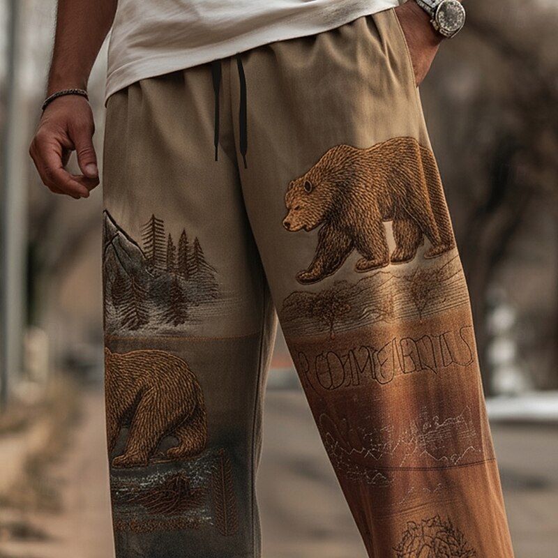 Men's Animal Bear Nature Pants Trousers Casual Pants Mid Waist Drawstring Elastic Waist Vintage Retro Outdoor Camping & Hiking Hunting Straight Leg Trousers Spring Fall 3D Print Green khaki3