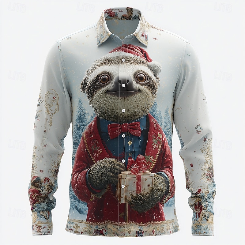 Christmas Men's Animal Sloth Christmas Hats Shirt Button Up Shirt Long Sleeve Funny Outdoor Holiday Spring Fall Turndown 3D Print Collared Shirts White Red2
