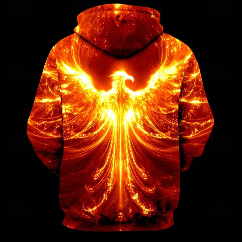 Men's 3D Flame Phoenix Hoodie Sweatshirt Cool Party Crew Neck Club Streetwear Yellow Orange Drawstring Fall Winter Designer