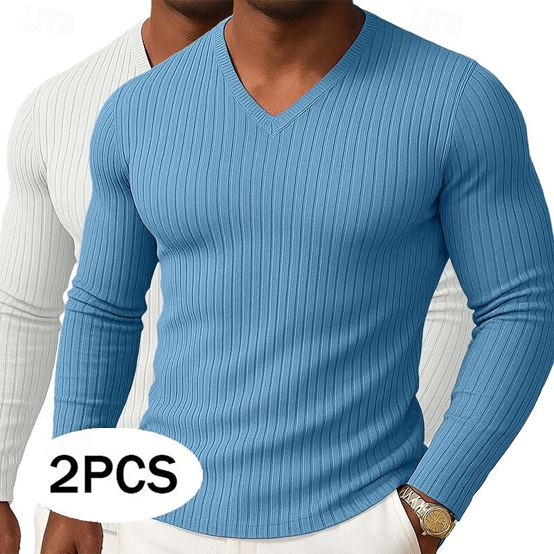 Men's T Shirt Muscle Shirt Ribbed Knit tee Tee Top Long Sleeve V Neck Spring Fall Winter Plain Pit Strip Fashion Designer Basic 2 Piece Knitting Basic Vacation Street Casual Blue Grey Purple+Blue
