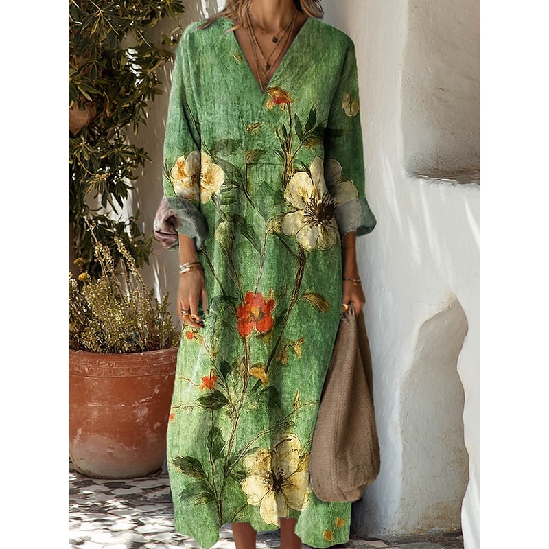 Women's Midi Dress Shift Dress Vacation Casual Boho Going out Beach Loose Fit Floral Graphic Long Sleeve V Neck Yellow Pink Blue Green Spring Fall Winter3