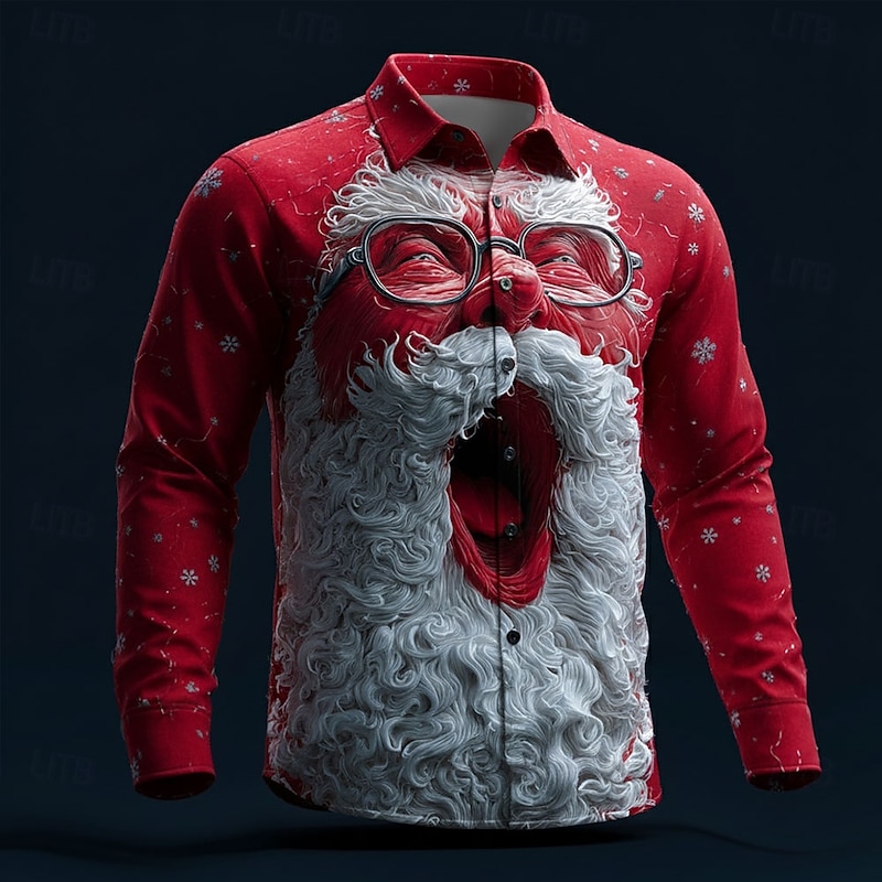 Christmas Men's Roaring Santa Claus funny christmas Shirt Button Up Shirt Long Sleeve Funny Outdoor Holiday Spring Fall Turndown 3D Print Collared Shirts White Red