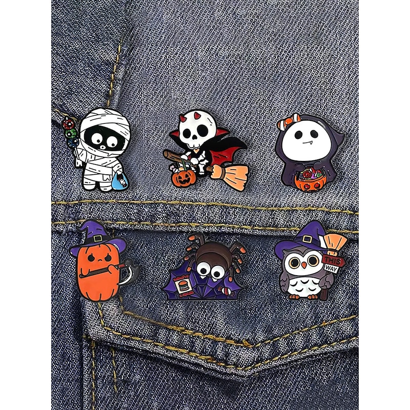 Women's Halloween Cute Enamel Brooch Pin Set - 6pcs Funny Pumpkin, Mummy, Owl and Spider Badges for Costume Party and Accessories