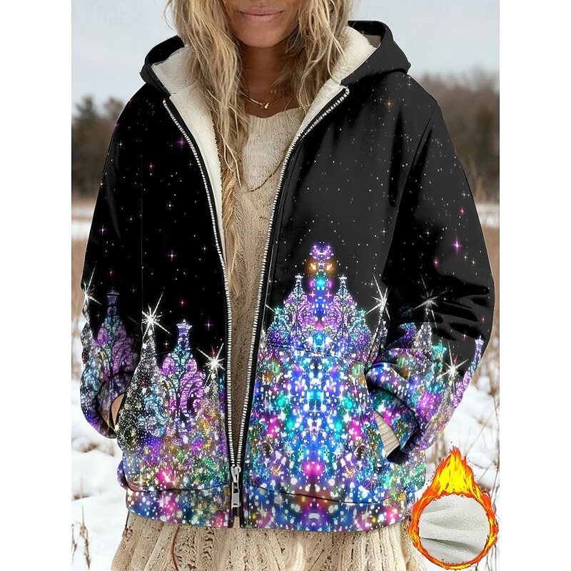 Women's Winter Coat Fleece Jacket Casual Jacket Warm Zipper Pocket Print Fashion Casual Christmas Street Casual Regular Hooded Regular Fit Long Sleeve Outerwear Blue Purple Green Spring Fall