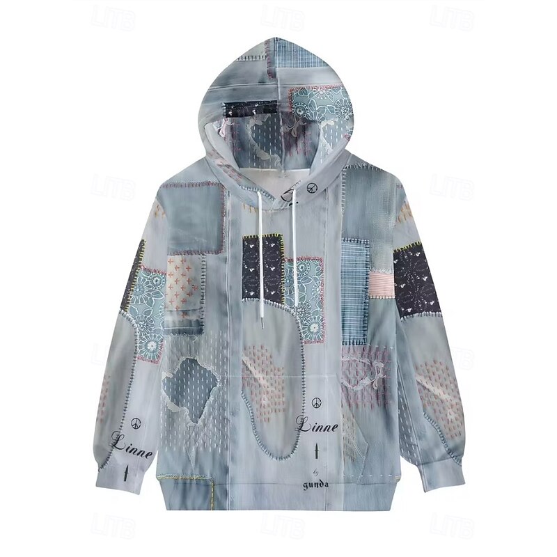 Women's Pullover Hoodie Sweatshirt Graphic Geometric Punk Active Vintage Long Sleeve Hooded Regular Tops Street Dailywear Patchwork Print Front Pocket Denim Blue Light Blue Spring Fall Winter4