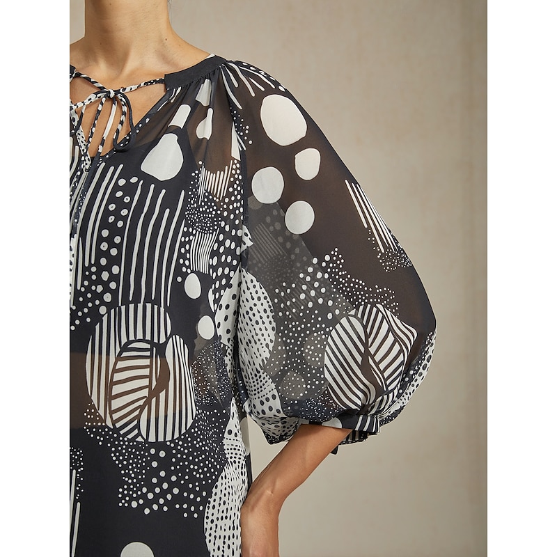 Women's Female Casual Shirt Abstract Casual Puff Sleeve Black Graphic 3/4 Length Sleeve Elegant Bohemia Vacation V Neck Summer3