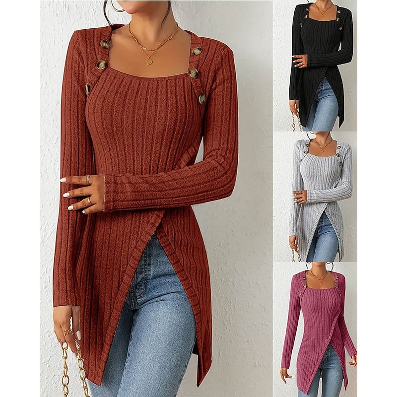 Women's Sweater Pullover Casual Solid Color Square Neck Knitted Split Long Sleeve Long Tops Knit Daily Holiday Going out Black Fuchsia Spring Fall