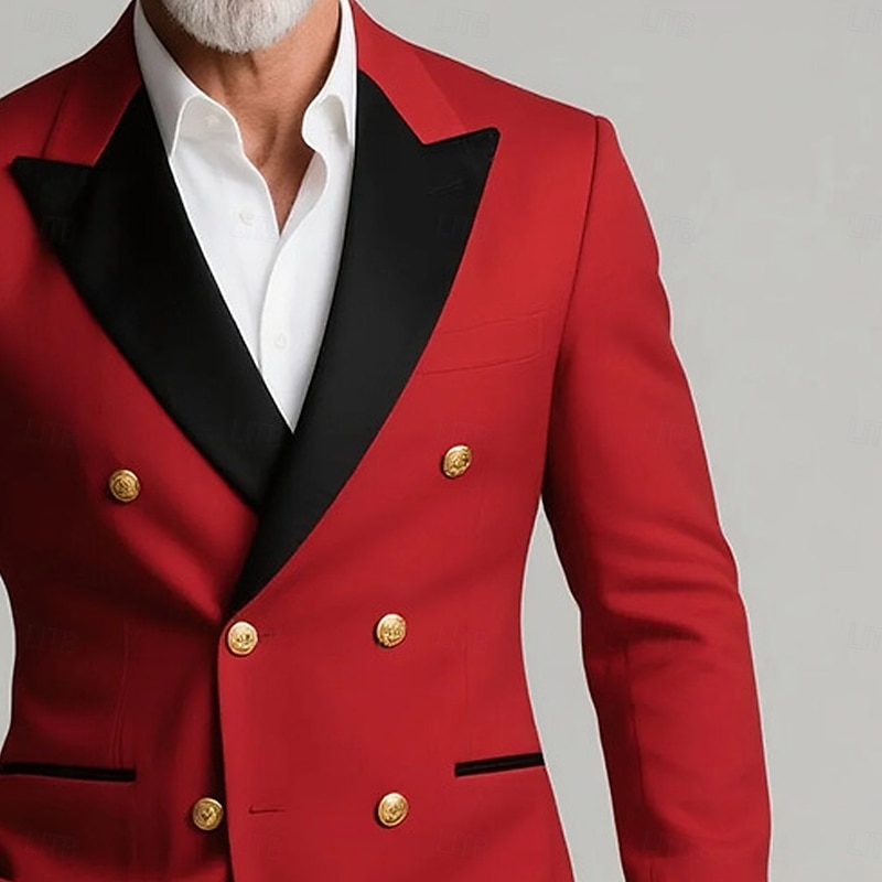 Men's Blazer Jacket Closure collar Christmas Fashion Party Solid Colored Blazer Red Tailored Fit Double Breasted Six-buttons3