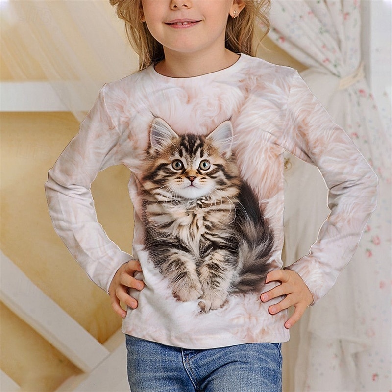Girls' 3D Cat T shirt Tee Long Sleeve Spring Fall Fashion Basic Kids 4-12 Years Crew Neck Outdoor Casual Daily Regular Fit