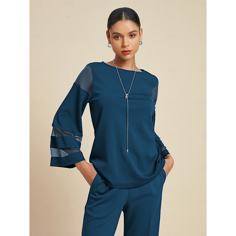 Women's Top Blue Crew Neck Long Sleeve 3/4 Length Sleeve Illusion Sleeve Elegant Contemporary Casual Daily Date Going Out Spring Fall