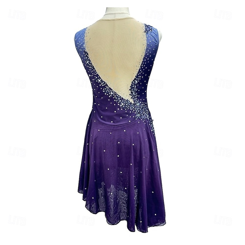 Figure Skating Dress Women's Girls' Ice Skating Dress Blue Stretchy Training Competition Skating Wear Thermal Warm Crystal / Rhinestone Sleeveless Ice Skating Figure Skating3