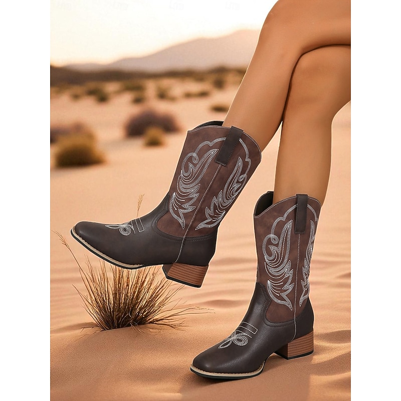 Women's Dark Brown Western Cowboy Boots – Embroidered Faux Leather Mid-Calf Boots with Block Heel for Country, Rodeo and Casual Wear4
