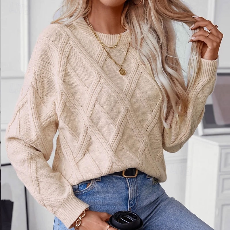 Women's Sweater Pullover Streetwear Casual Solid Color Crew Neck Knitted Long Sleeve Regular Tops Knit Holiday Going out Weekend Apricot Fall Winter