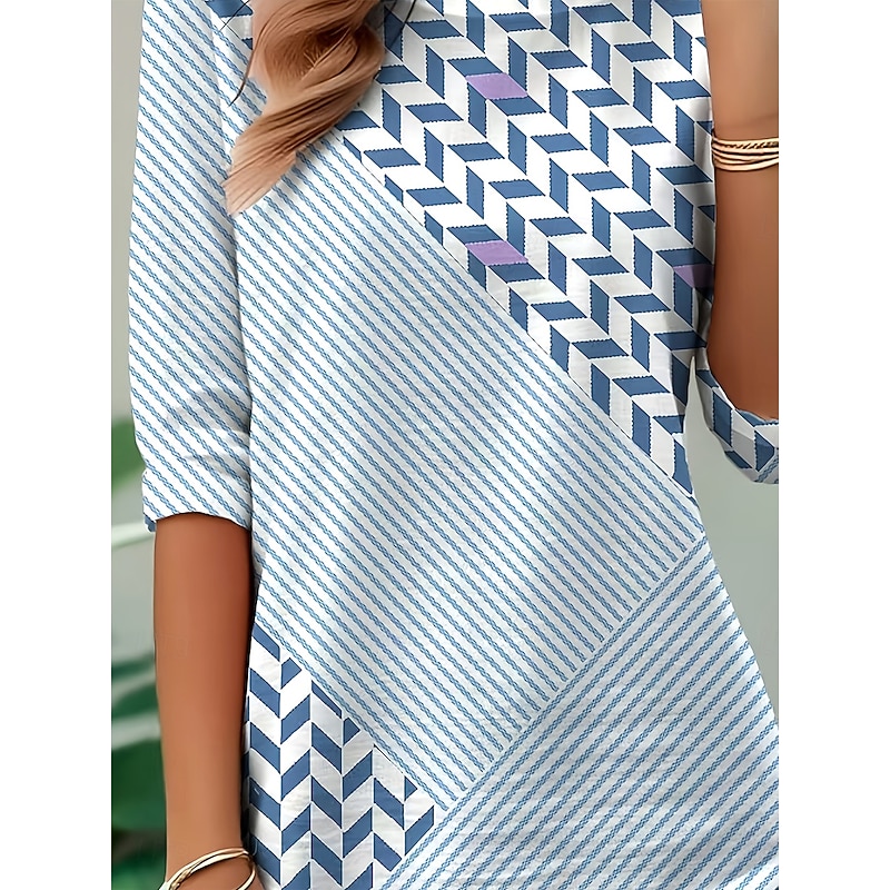 Women's T Shirt Graphic Geometric Striped Vintage Stylish Casual Long Sleeve Crew Neck Round Neck Regular Tops Daily Print Blue Spring Fall Winter2