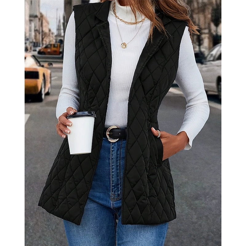 Women's Puffer Jacket Quilted Jacket Casual Jacket Waterproof Comfortable Zipper Pocket Casual Plain Vacation Street Casual Daily Wear Zipper Long Turndown Regular Fit Sleeveless Outerwear Black