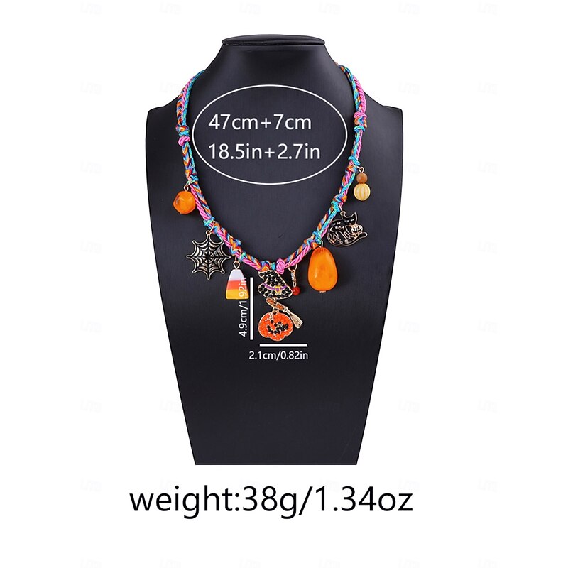 Women's Halloween Charm Necklace - Colorful Woven Choker with Pumpkin, Witch, Spider, and Candy for Halloween Costume Party4