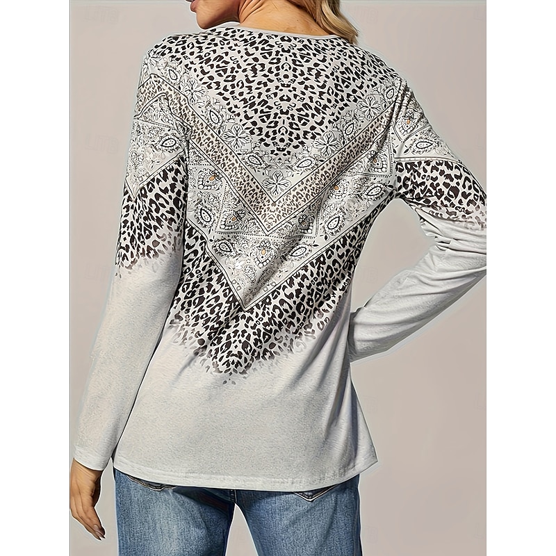Women's T Shirt Graphic Paisley Tribal Vintage Stylish Classic Long Sleeve V Neck Asymmetric Neck Regular Tops Daily Buttons Print Asymmetrical Sage Green Dusty Blue Khaki Fall Winter4