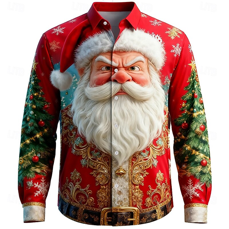 Christmas Men's Santa Claus Christmas Tree Human face Shirt Button Up Shirt Long Sleeve Funny Outdoor Holiday Spring Fall Turndown 3D Print Collared Shirts Red 1 Red Blue