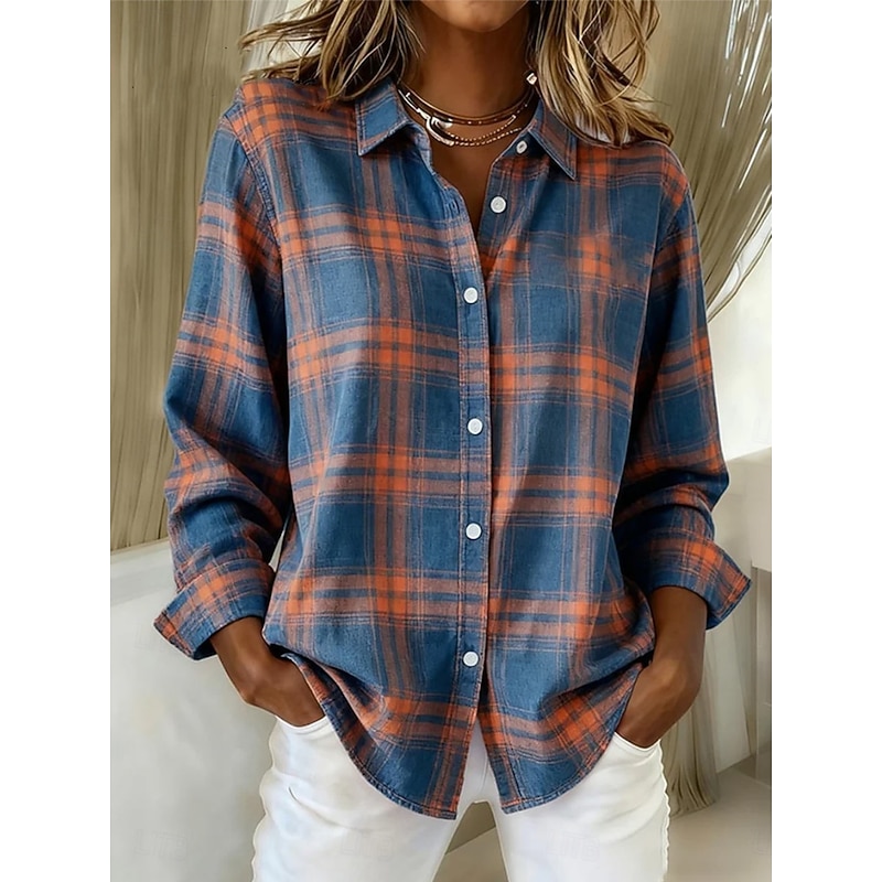 Women's Shirt Blouse Plaid Casual Long Sleeve Shirt Collar Regular Tops Daily Patchwork Buttons Print Black Blue Dusty Blue Orange Fall Winter