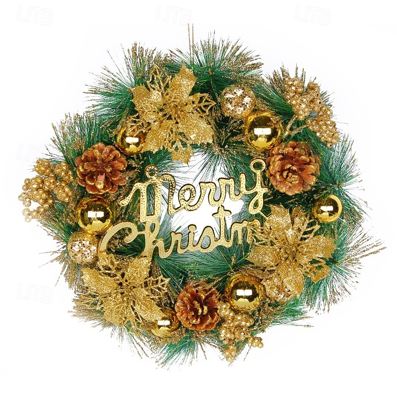 Christmas Wreath for Front Door, Indoor & Outdoor Decoration, Gold Holiday Floral Vine Wreath with Merry Christmas Letters, Artificial Garland for Hotel, Store, and Home Decor2