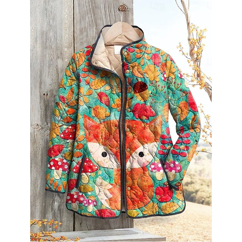 Women's Winter Jacket Puffer Jacket Warm Comfortable Pocket Buttons Print Fashion Daily Outdoor Animal Vacation Casual Daily Single Breasted Regular Stand Collar Regular Fit Long Sleeve Outerwear Red4