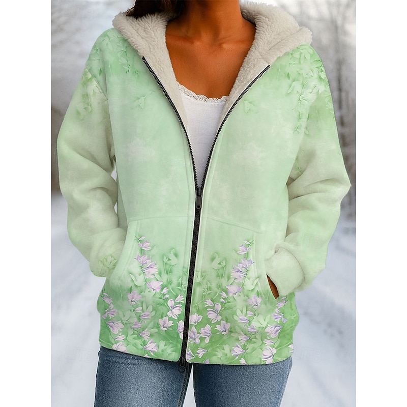 Women's Winter Coat Winter Jacket Windproof Warm Zipper Pocket Fleece Lined Casual Floral Casual Athleisure Daily Daily Wear Regular Hooded Regular Fit Long Sleeve Outerwear Light Green Pink Blue4
