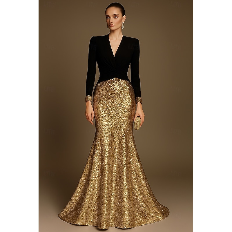 Black Mermaid / Trumpet Evening Gown Elegant Dress Formal Wedding Floor Length Half Sleeve V Neck Sequined with Glitter 2025