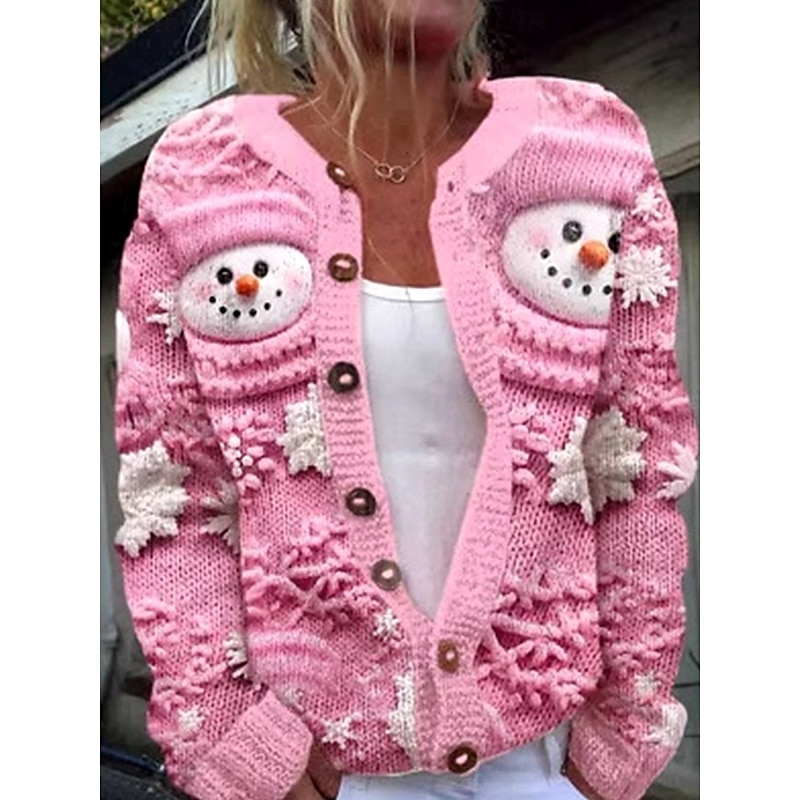 Women's Cardigan Daily Christmas Tree Snowman Ribbed Crew Neck V Neck Buttons Print Long Sleeve Regular Tops Knit Outdoor Weekend Pink Green Fall Winter2